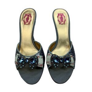 Hale Bob Bo Blue Glitter Heels Rhinestones Jewels Bows 8.5 Slides Mules